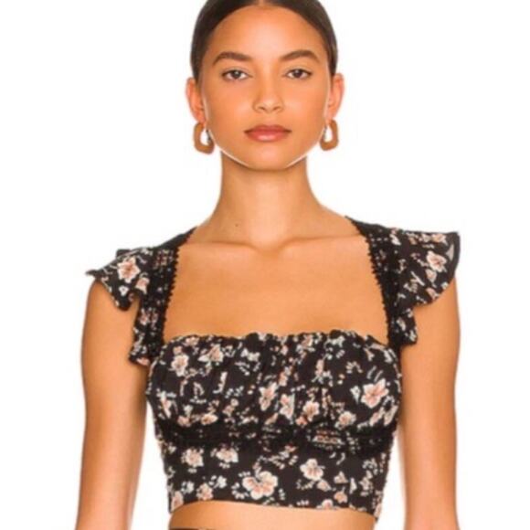 Free People Top Bijou Square Neck Floral Ruffle Sleeve Shoulder Tie Size 8 boho - Picture 4 of 9